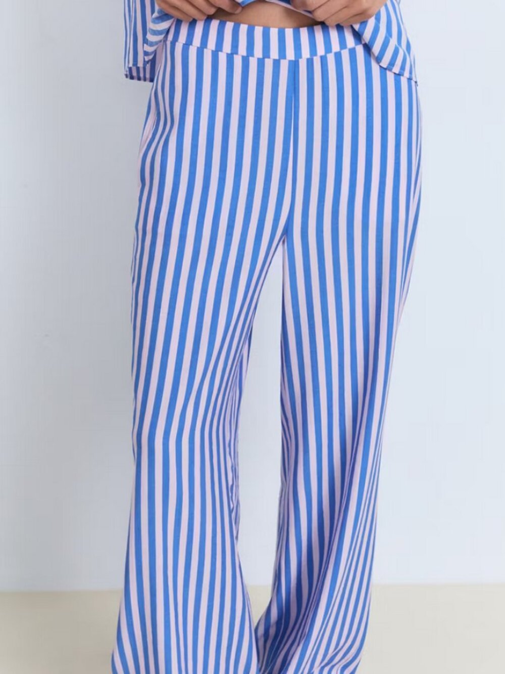 MANGO Blue and Pink Elastic Waist Stripe Straight Pants - Size Small - NEW w TAG